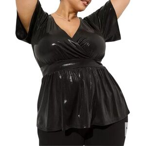 Torrid Liquid Shine Chic V Neck Short Sleeve Surplice Peplum Top 2X Deep Black